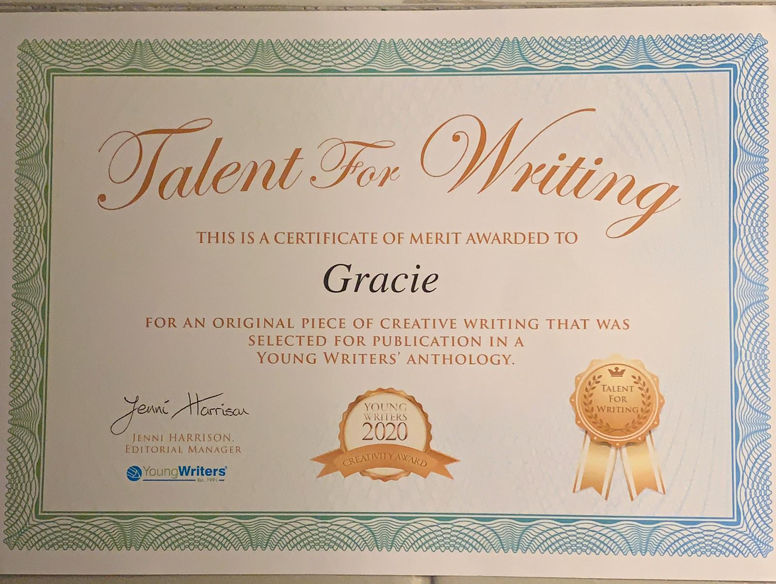 Gracie Maines Wins Young Writers 2020 Creativity Award Travellers Times